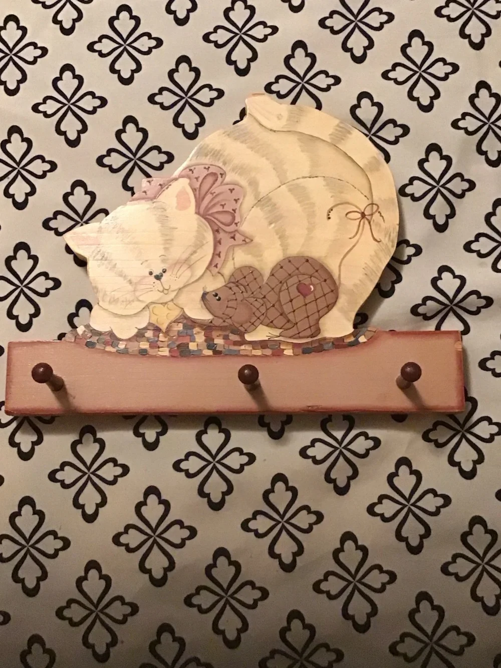 Whimsical Cream & Pink Cat Wooden Wall Hook Rack